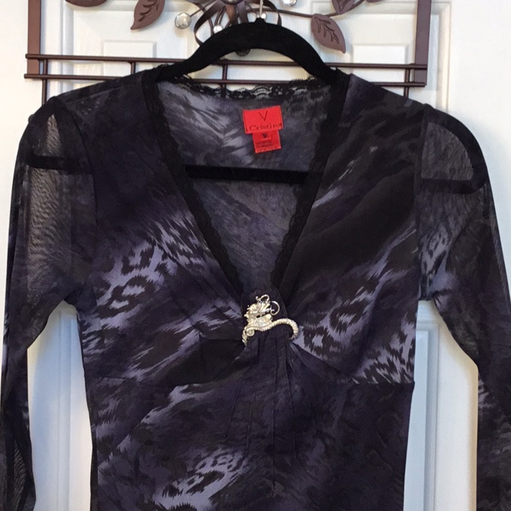 V Cristina Black Top w/ Dragon Embellishment